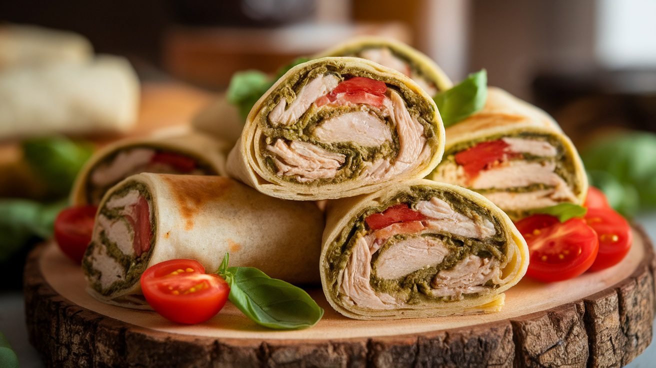 Chicken and Spinach Pesto Wraps sliced open, showcasing the chicken and spinach filling, on a rustic wooden board with cherry tomatoes.