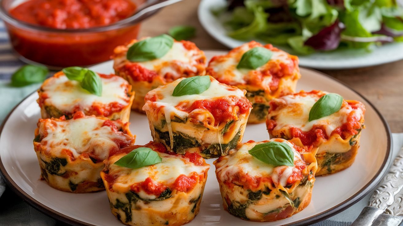 Plate of Chicken Spinach Lasagna Cups with melted cheese and fresh basil on a rustic table.