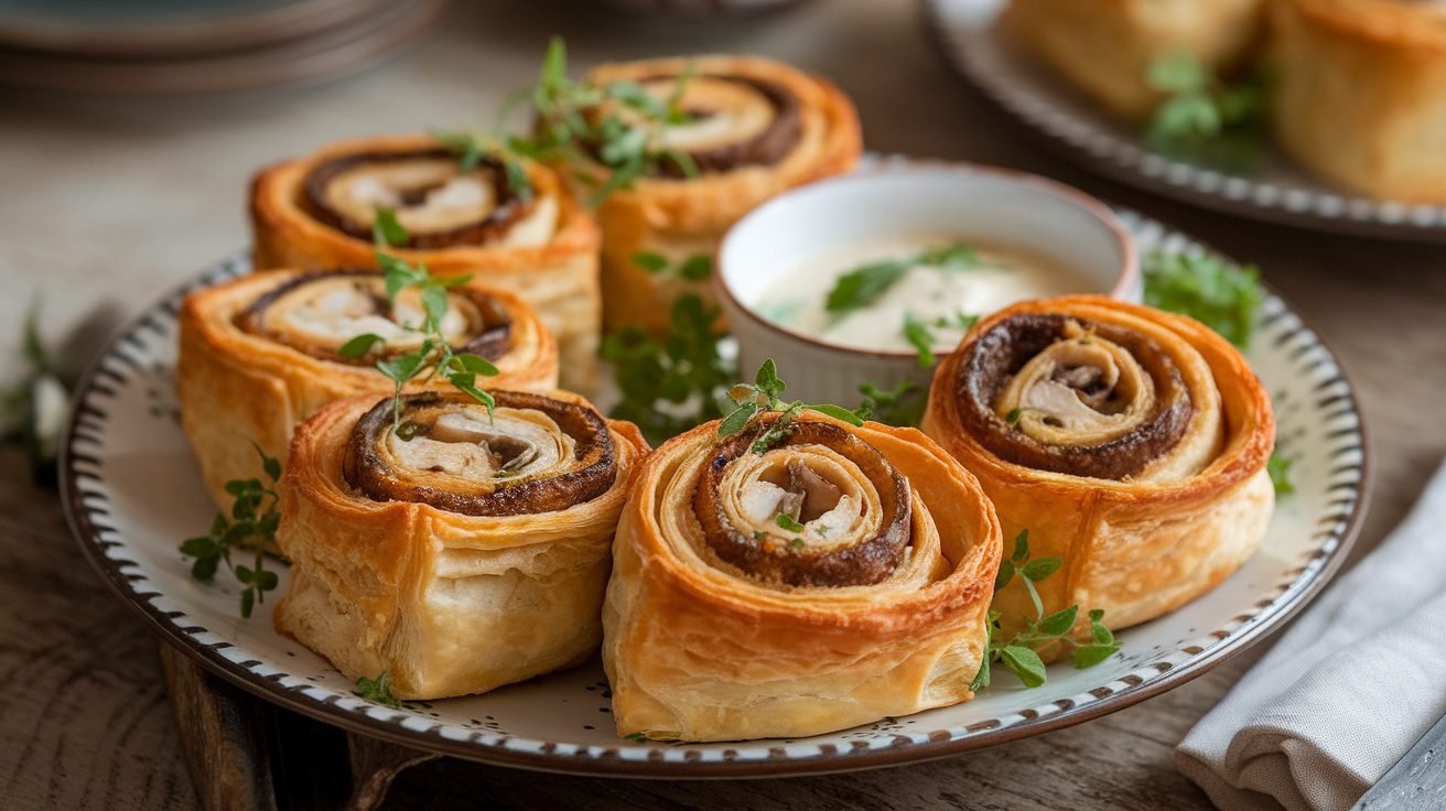 Golden chicken and mushroom puff pastry rolls on a plate with herbs, served with a dipping sauce.
