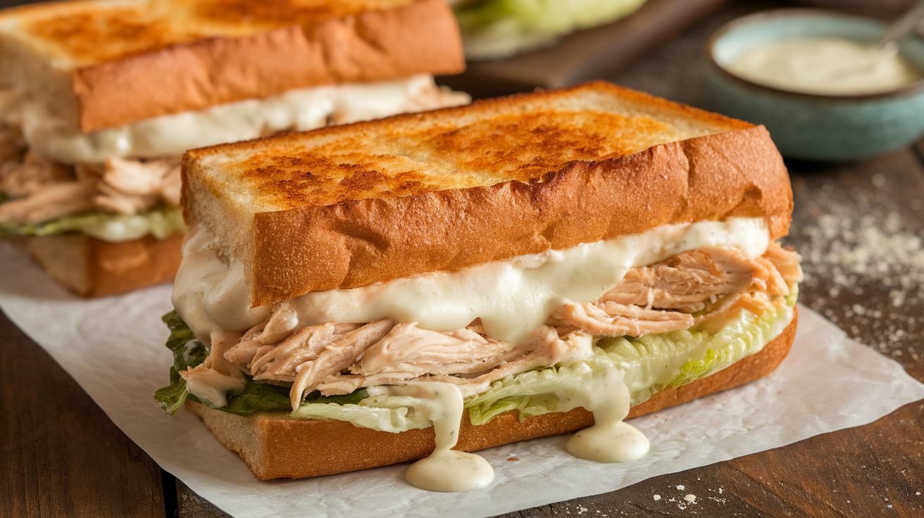 Grilled Chicken Caesar Sandwich Melt with melted cheese and Caesar salad ingredients, served on a rustic wooden table.