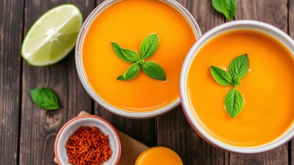 Spicy Cantaloupe and Ginger Soup A bowl of Spicy Cantaloupe and Ginger Soup, garnished with mint leaves, on a wooden table with lime and cayenne pepper.