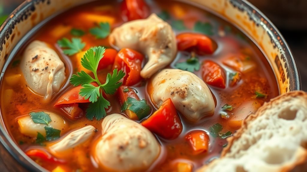 Hearty Italian Chicken Cacciatore Soup Recipe A bowl of Italian Chicken Cacciatore Soup with chicken, bell peppers, and herbs, garnished with parsley and crusty bread on a table.