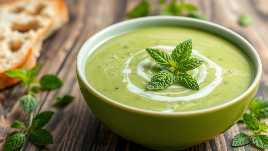 Refreshing Green Pea and Mint Soup Recipe A vibrant bowl of green pea and mint soup garnished with mint leaves, on a rustic table with bread.