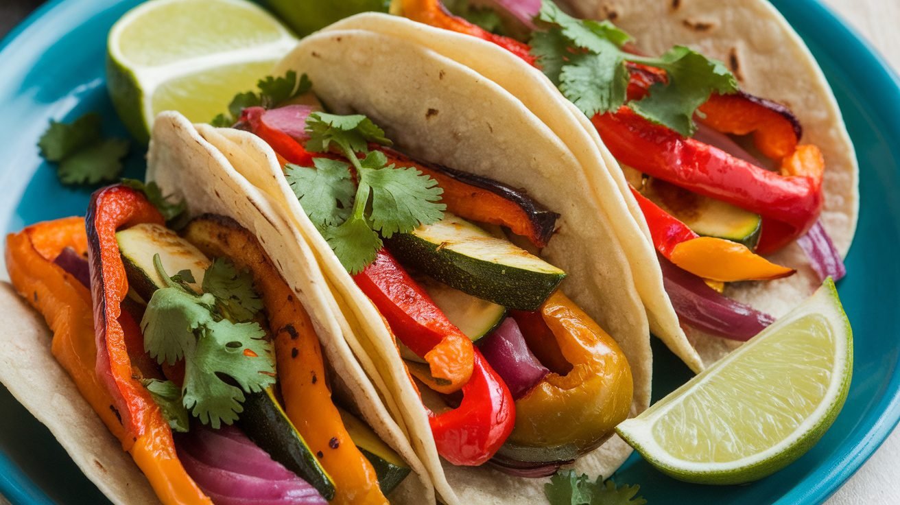 Sweet and spicy roasted veggie tacos with bell peppers, zucchini, and red onions, garnished with cilantro and lime.