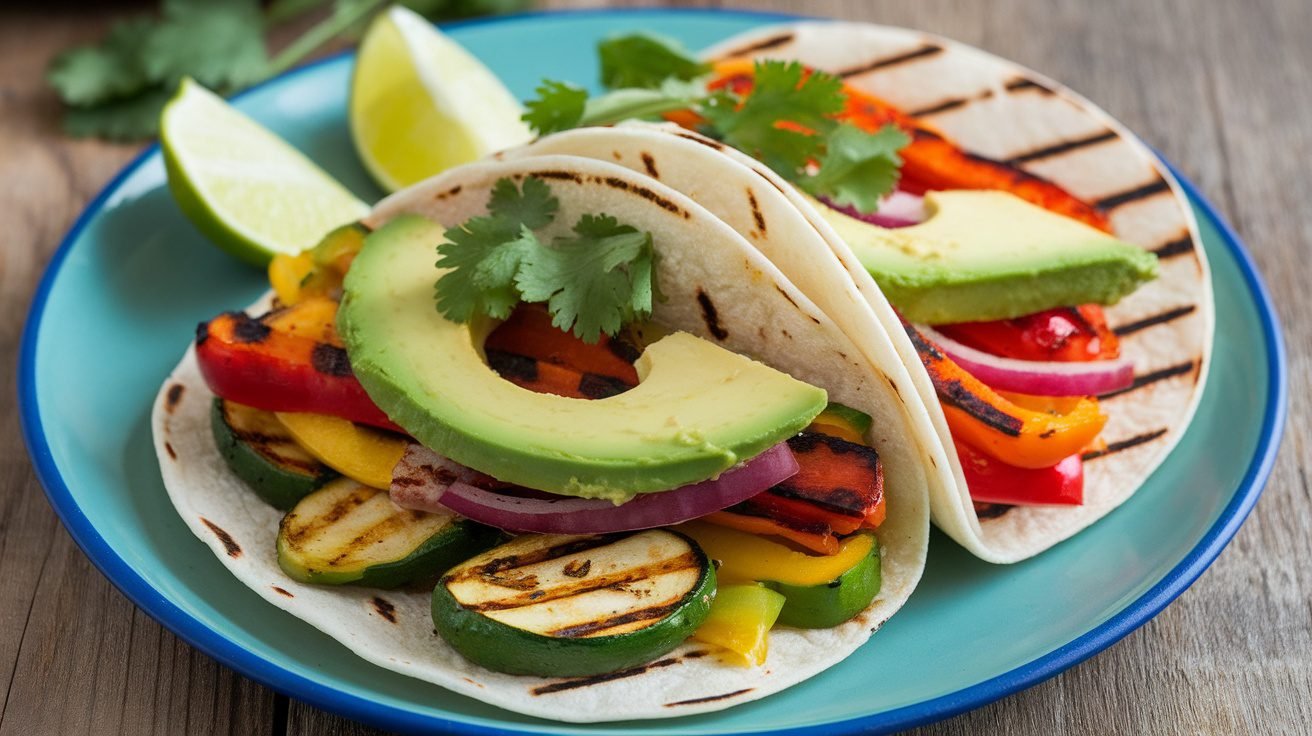 Grilled veggie tacos with bell peppers, zucchini, and red onion, garnished with cilantro and avocado, on a rustic table.