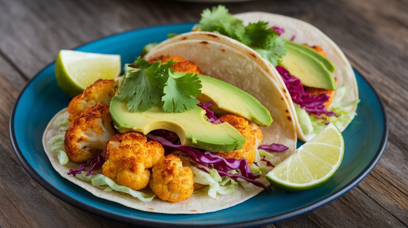 Cajun Spiced Cauliflower Tacos with avocado and cabbage on a wooden table.