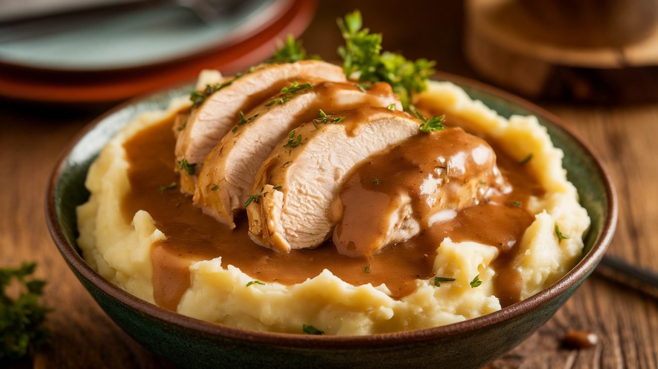 A bowl of Chicken and Gravy Mashed Potato Bowls with chicken slices, gravy, and mashed potatoes garnished with parsley.