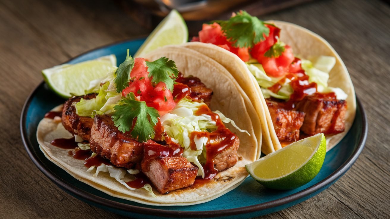BBQ Pork Belly Tacos with crispy pork, cabbage, tomatoes, and cilantro on a wooden table.