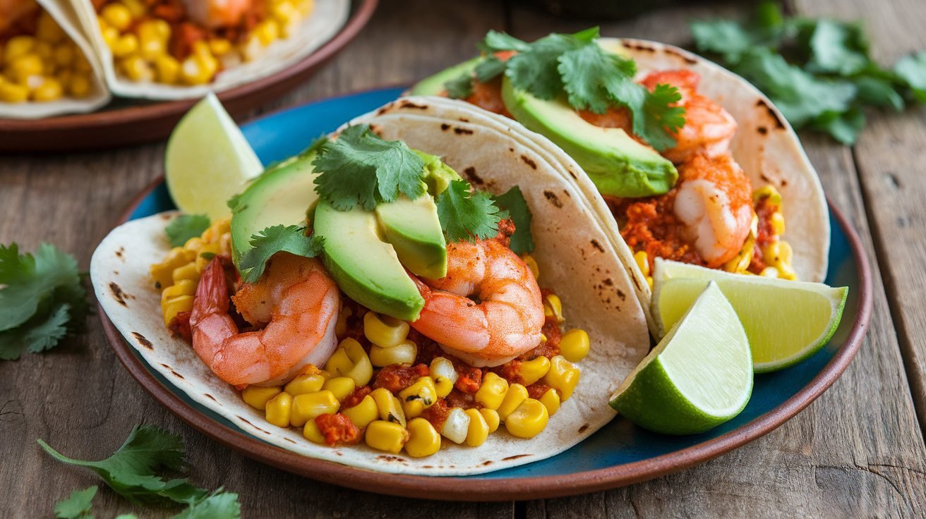 Cajun shrimp and corn tacos with avocado and cilantro on a rustic table.