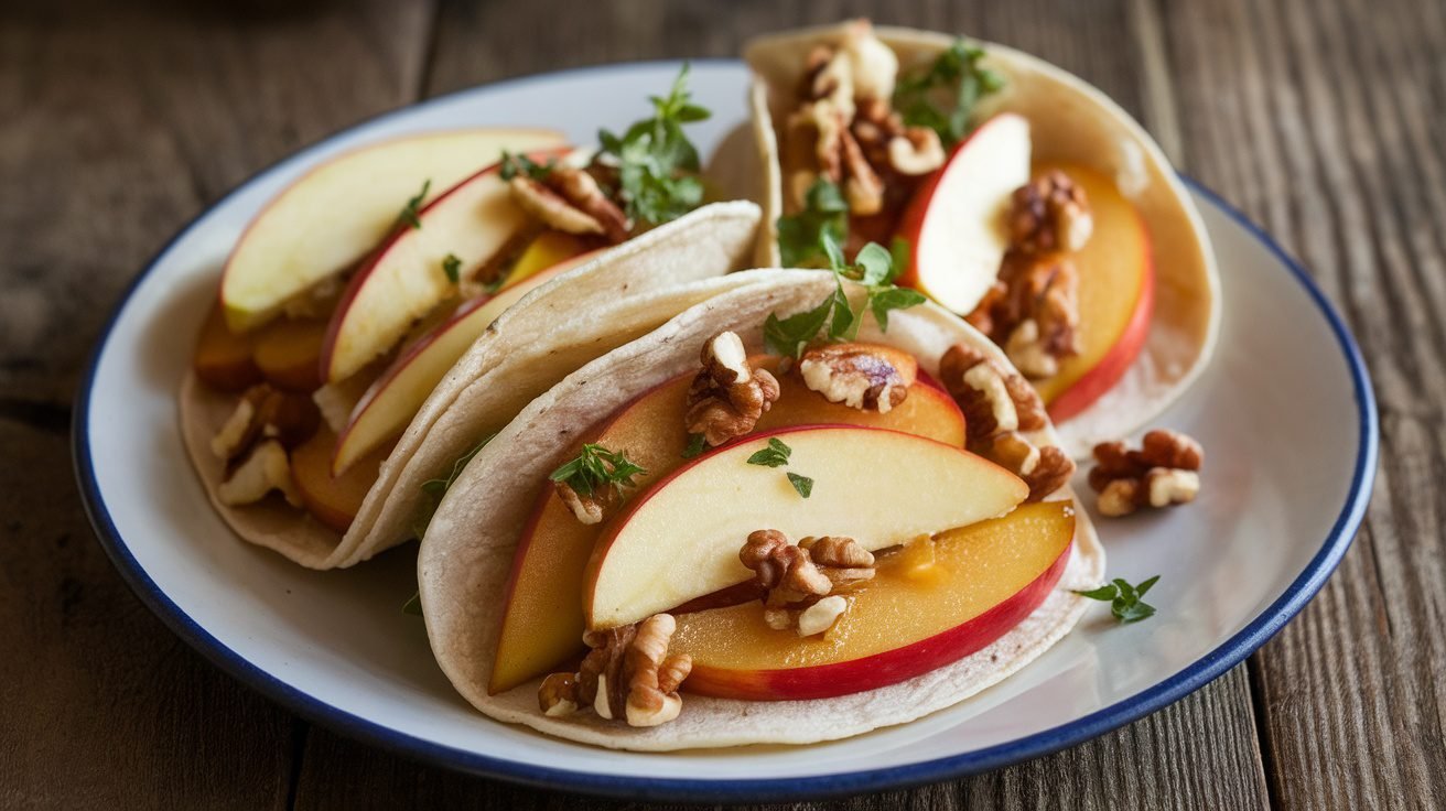 Warm tacos filled with caramelized apples and brie cheese, garnished with walnuts and herbs on a rustic table.