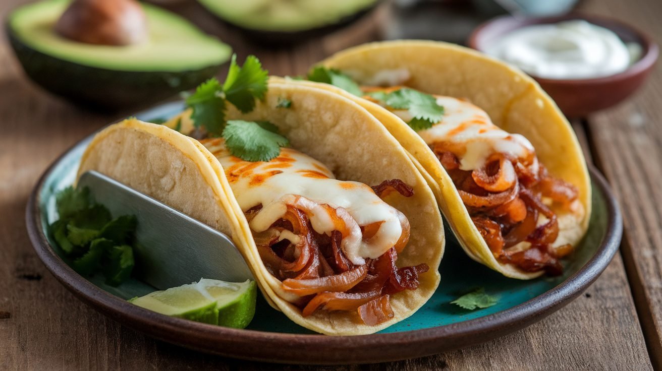 Tacos filled with caramelized onions and Swiss cheese, garnished with cilantro, on a rustic wooden table with avocado and sour cream.