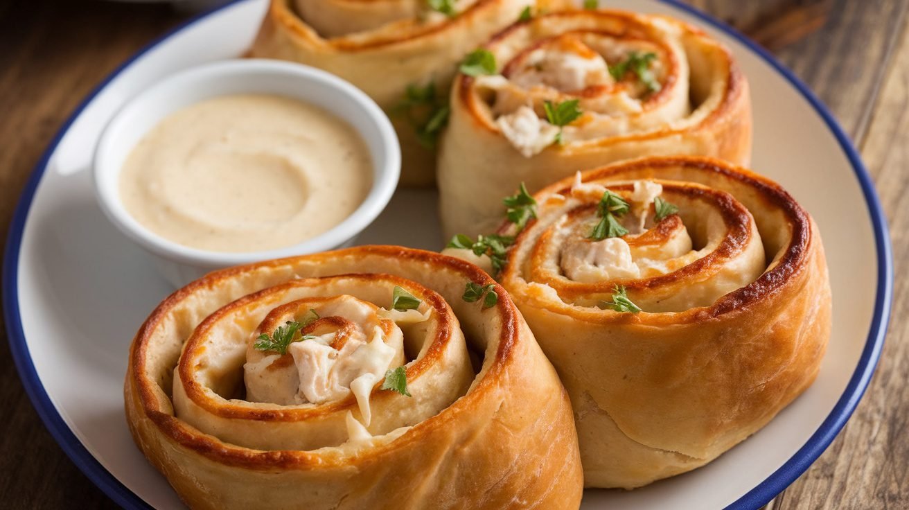 Golden Chicken Alfredo Stromboli Swirls on a plate with Alfredo sauce, garnished with parsley.