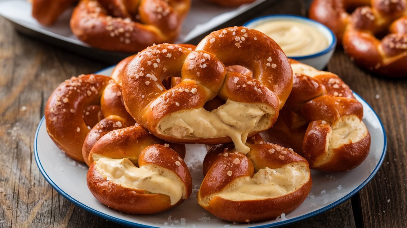 Golden brown Chicken Alfredo Stuffed Pretzels on a plate with alfredo sauce for dipping.