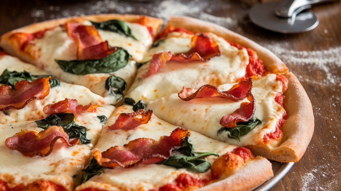 A delicious Chicken Bacon Spinach Alfredo Pizza with melted cheese, bacon, and spinach on a wooden table.