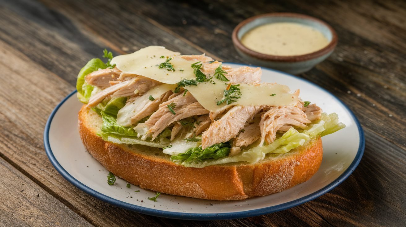 Toasted garlic bread topped with chicken, romaine, and Parmesan cheese, garnished with parsley.