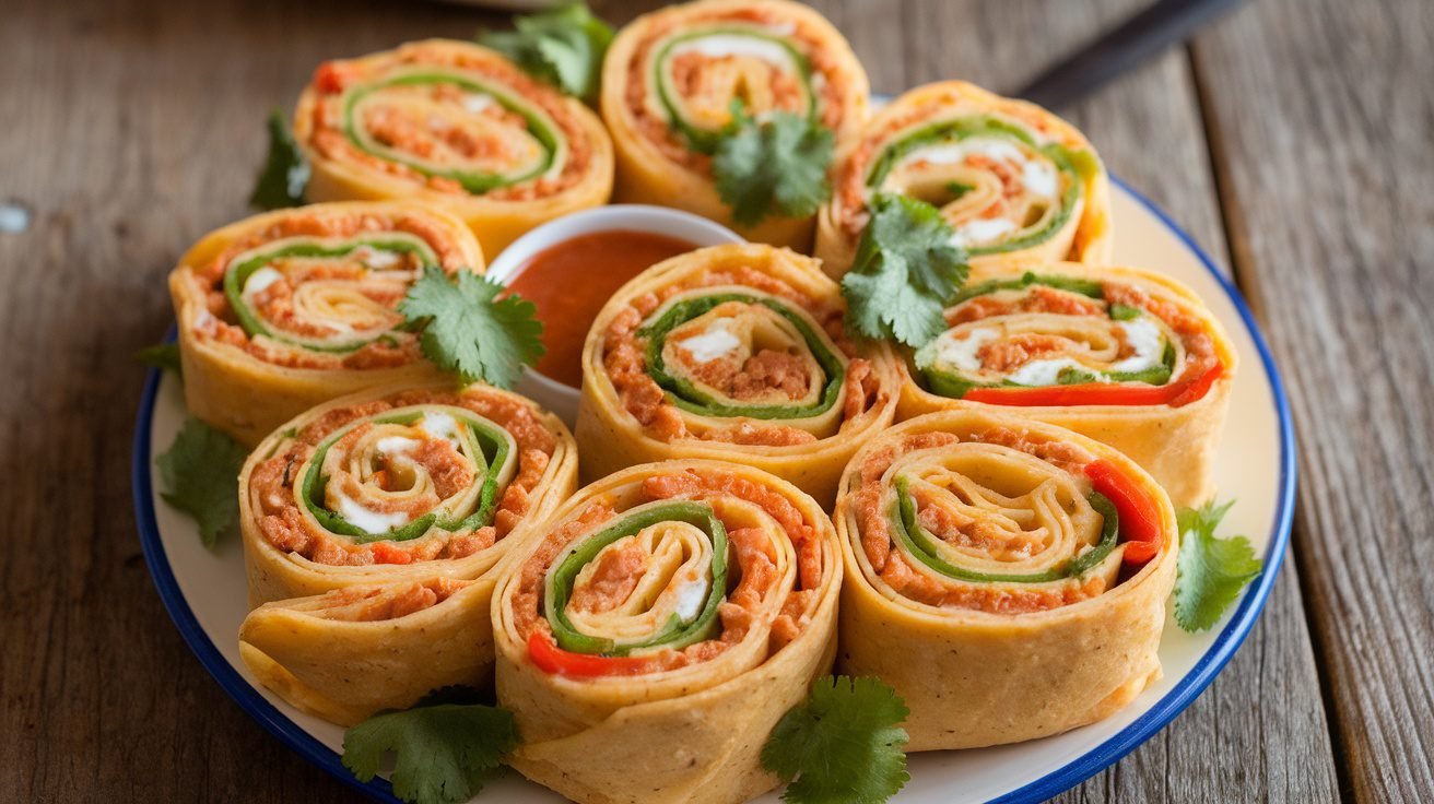 A platter of Chicken Fajita Pasta Pinwheels filled with chicken and bell peppers, garnished with cilantro.