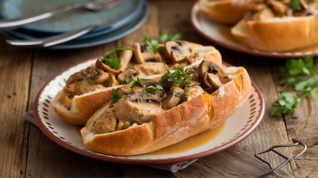 Chicken Marsala served in bread boats, garnished with parsley, on a rustic wooden table.