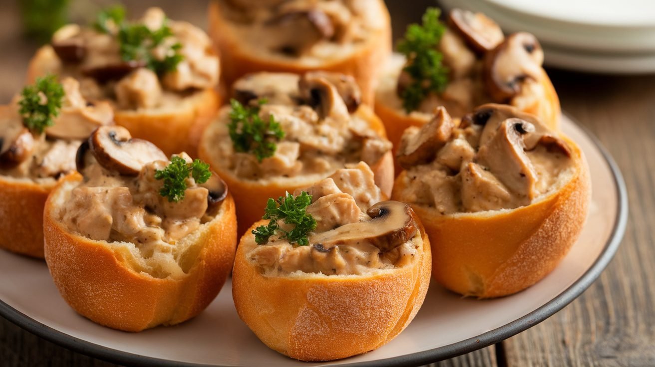 Golden Chicken Marsala Bread Cups filled with chicken and mushrooms, garnished with parsley on a rustic table.