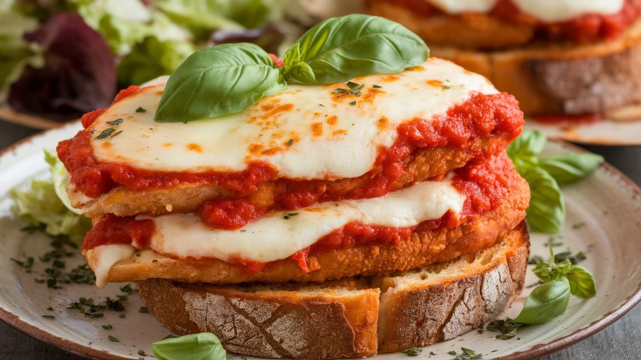 Chicken Parmesan Garlic Toast Stack with crispy chicken, marinara sauce, and melted cheese, garnished with basil.