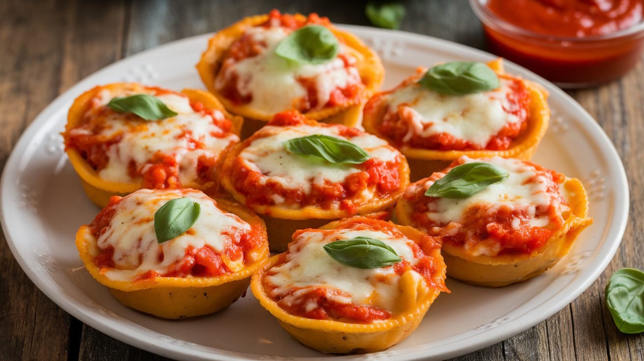 Golden-brown Chicken Parmesan Ravioli Cups filled with chicken and marinara, garnished with basil.
