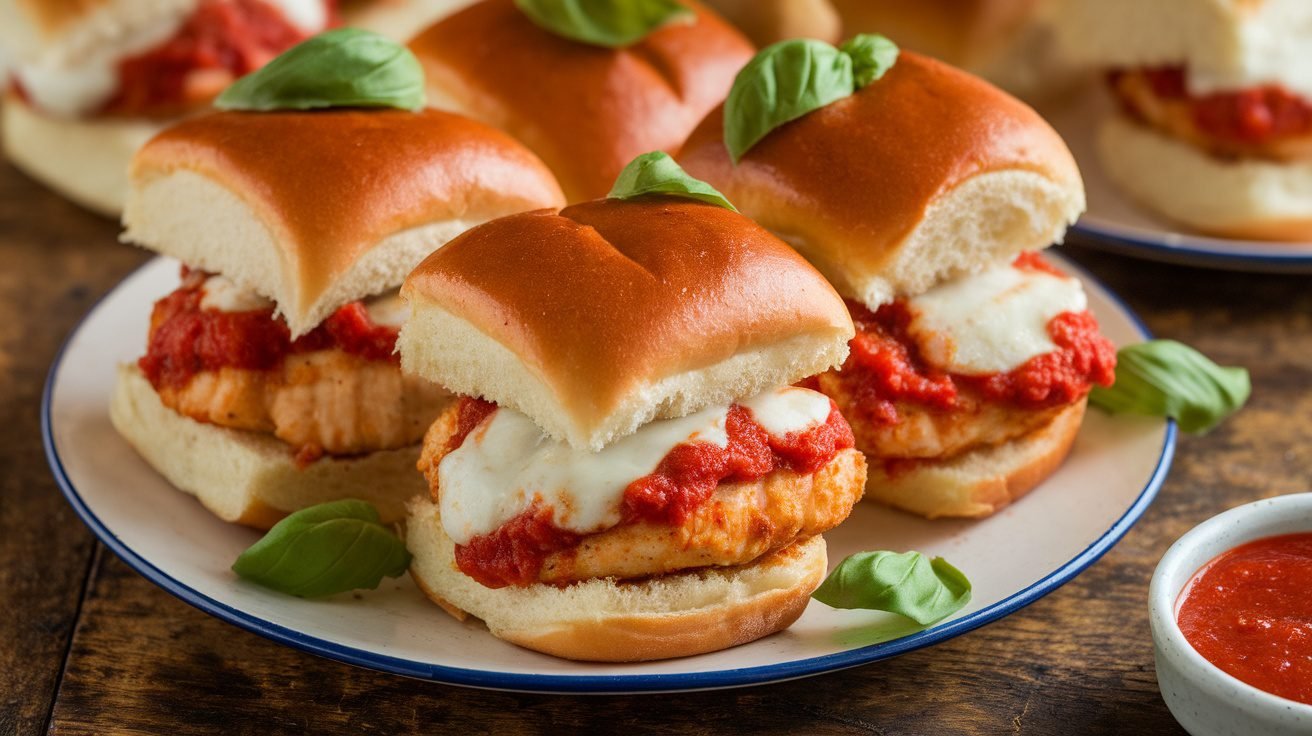 A delicious arrangement of Chicken Parmesan Sliders with melted cheese and marinara sauce on brioche buns, garnished with basil.
