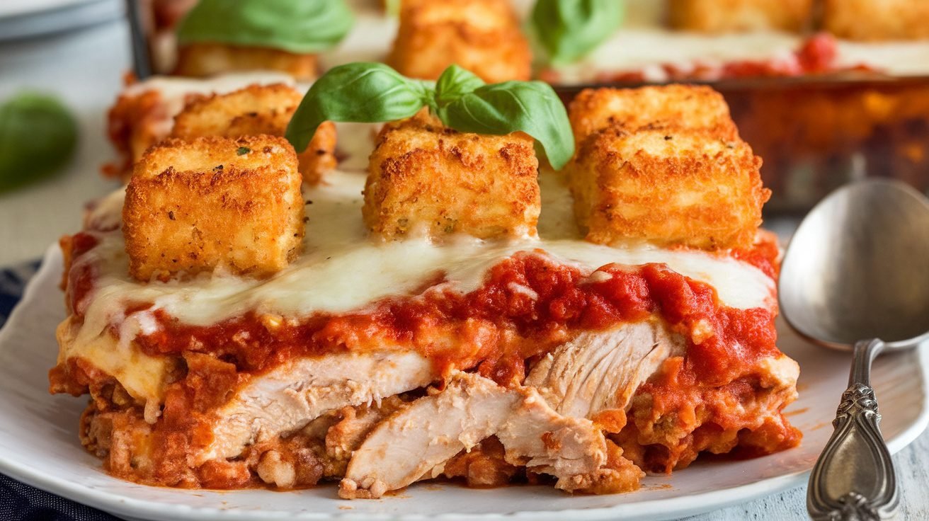 A golden Chicken Parmesan Tater Tot Casserole with tater tots, chicken, marinara sauce, and melted cheese, garnished with basil.