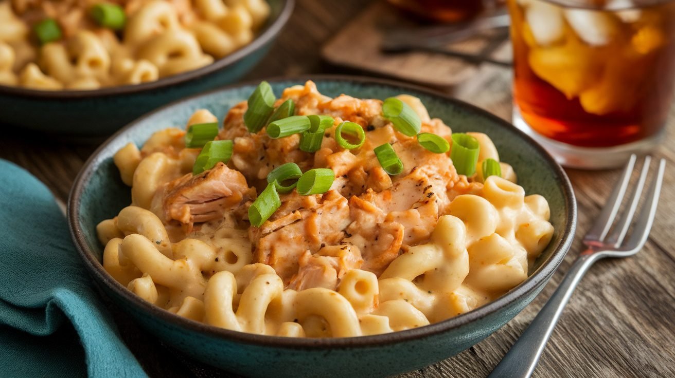 A bowl of Chicken Teriyaki Mac & Cheese with teriyaki chicken and green onions on a wooden table.