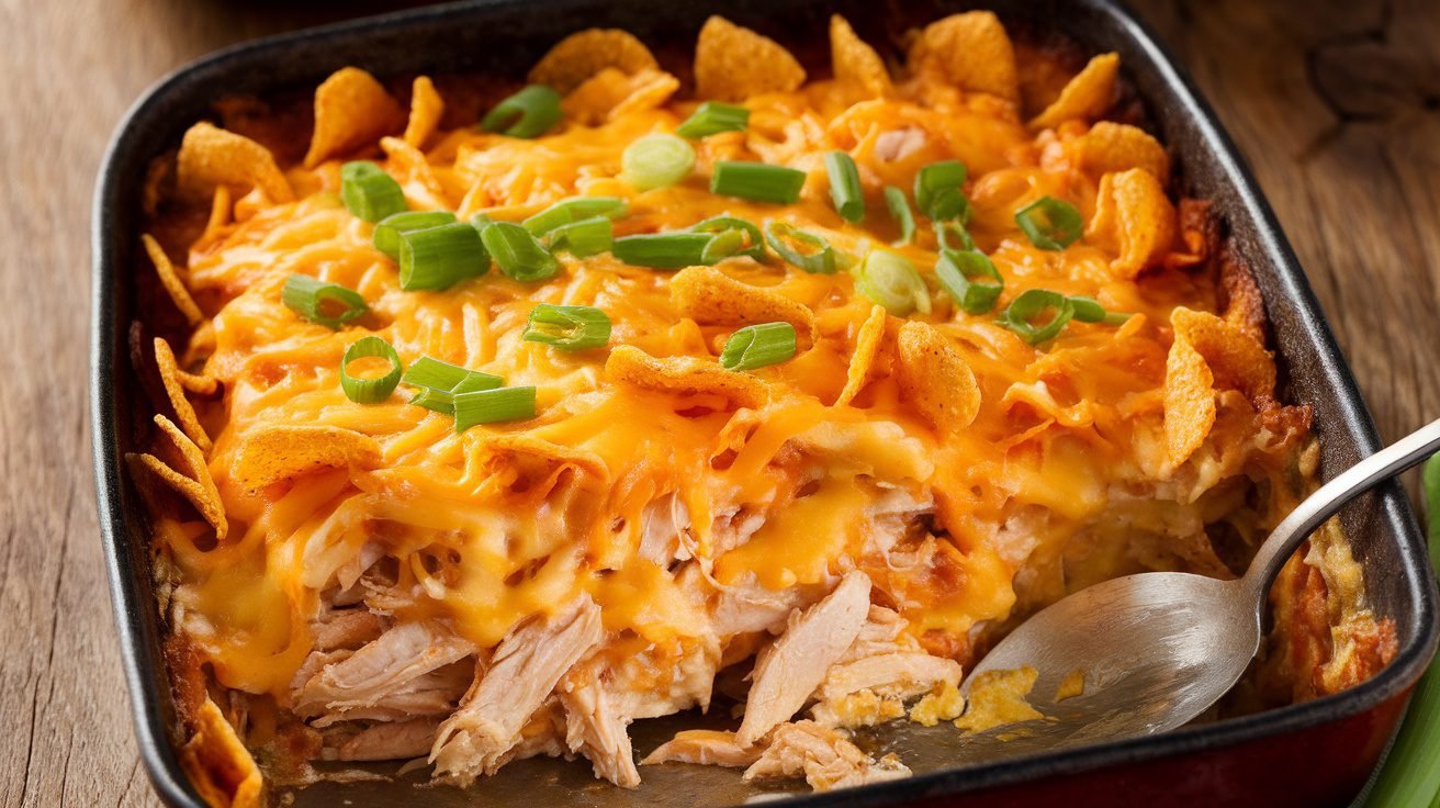 A delicious Chicken and Corn Chip Casserole Bake with cheese and corn chips, garnished with green onions.