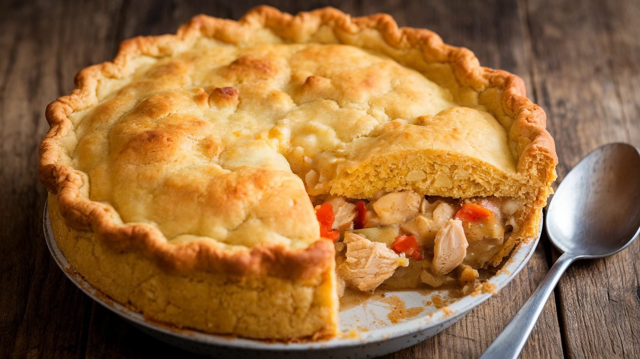 A Chicken and Gravy Cornbread Pot Pie with a golden crust and chicken filling, displayed on a wooden table.