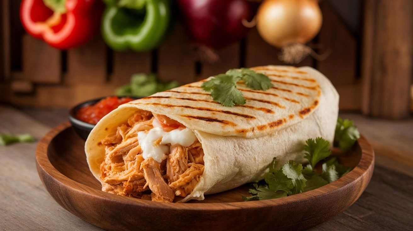 Grilled burrito filled with chicken and mozzarella cheese, garnished with cilantro and served with salsa.