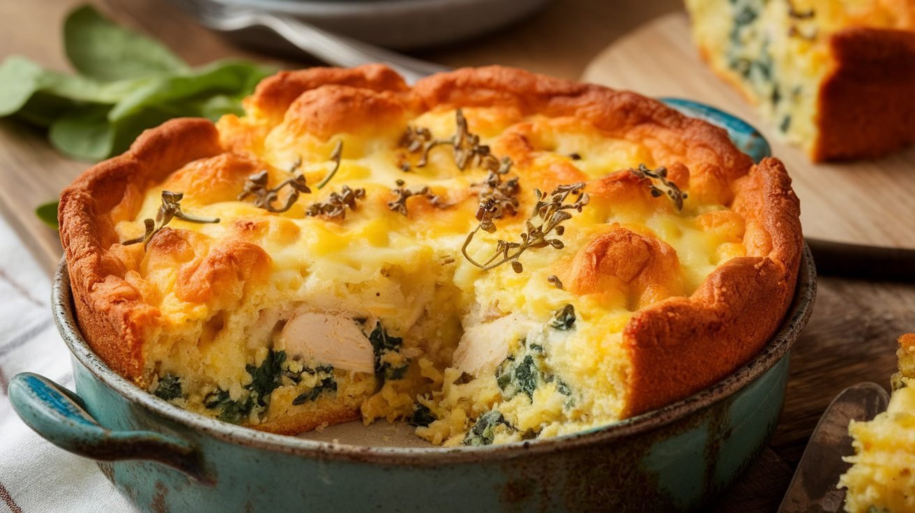 Chicken and spinach cornbread casserole in a rustic dish, topped with melted cheese, served with a slice of cornbread.