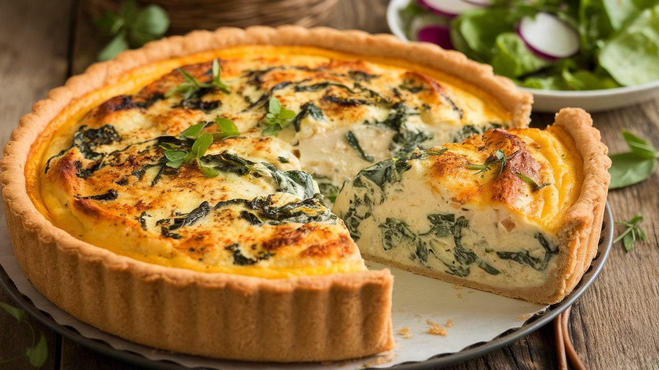 A slice of Chicken and Spinach Alfredo Quiche on a plate, showcasing the creamy filling and flaky crust, with a fresh salad on the side.