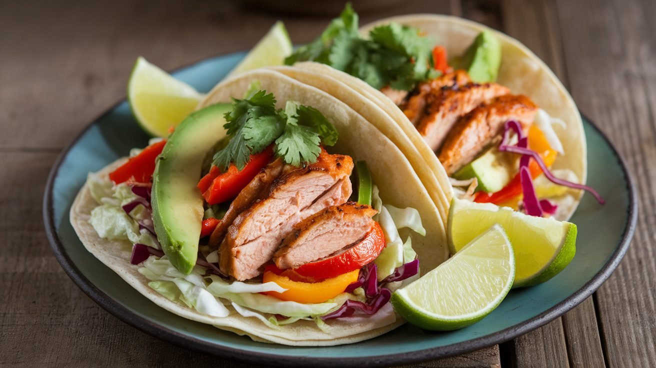 Ginger Soy Chicken and Veggie Tacos on a plate with colorful vegetables and lime wedges.