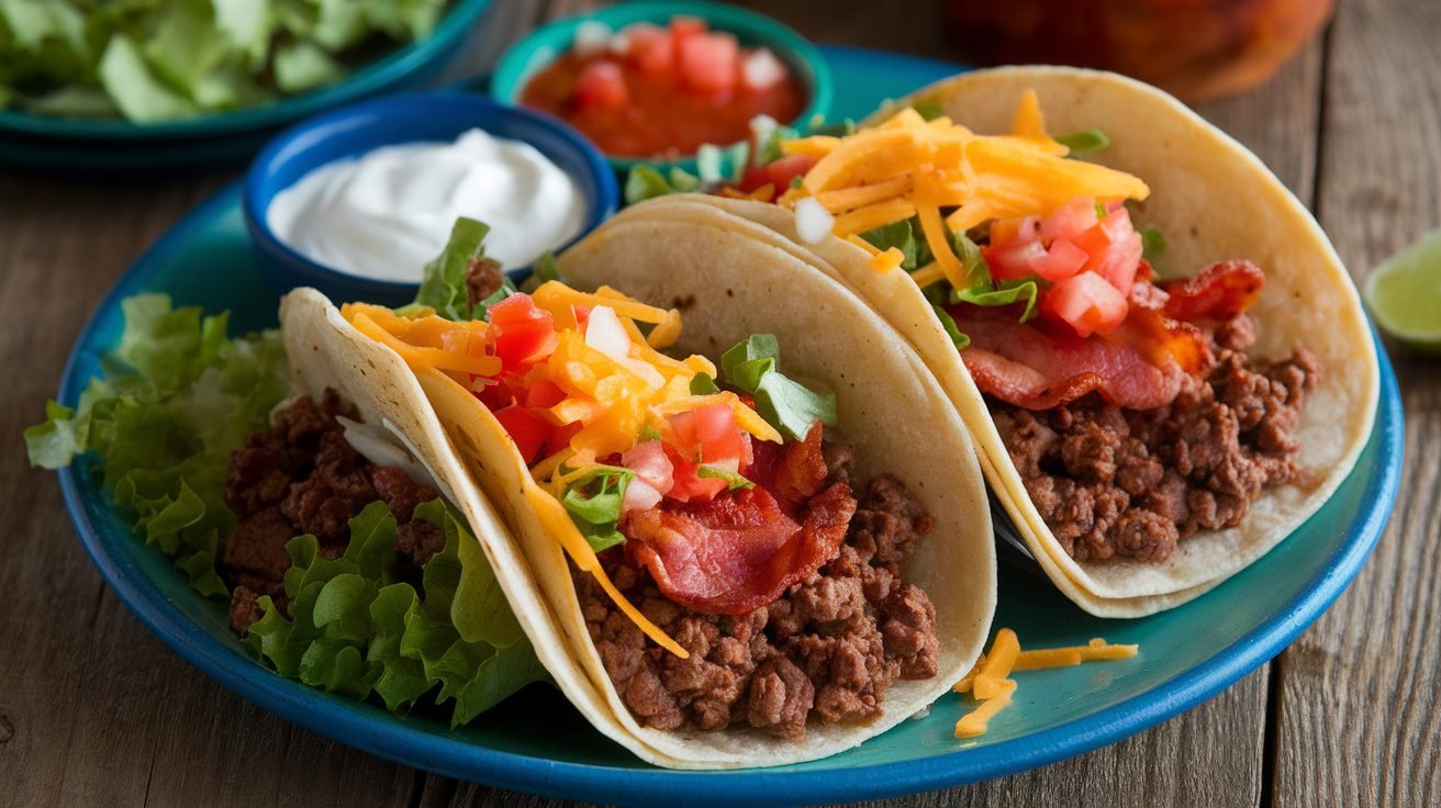 A plate of Chipotle Bacon Beef Tacos with beef, bacon, lettuce, and tomatoes, garnished with cheese and served with sour cream and salsa.