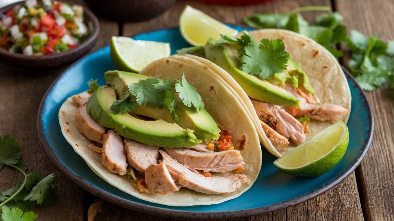 Cilantro Avocado Chicken Tacos with chicken, avocado, and cilantro on warm tortillas, garnished with lime.