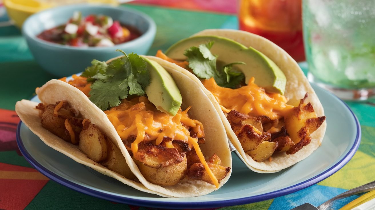 Crispy potato and cheddar tacos on a plate, garnished with cilantro and avocado, served with salsa.