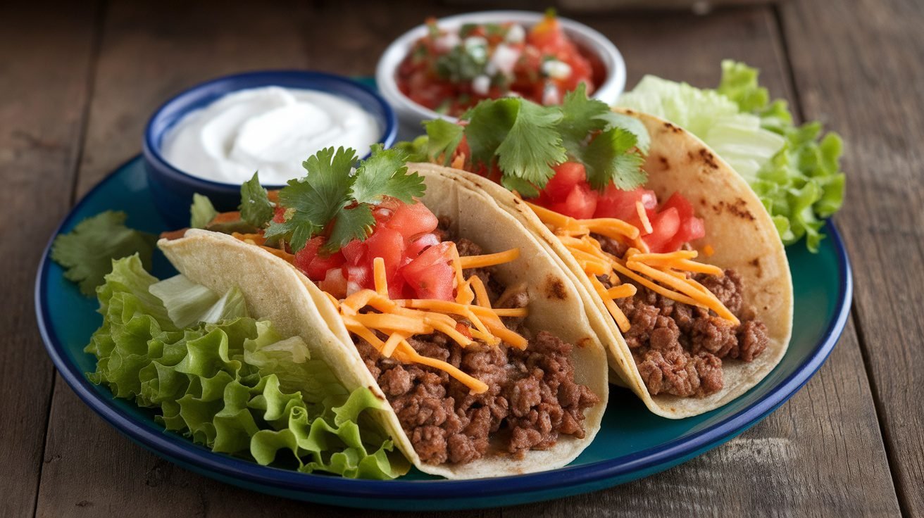 A colorful display of Garlic Herb Beef Tacos with toppings, served on a rustic plate.