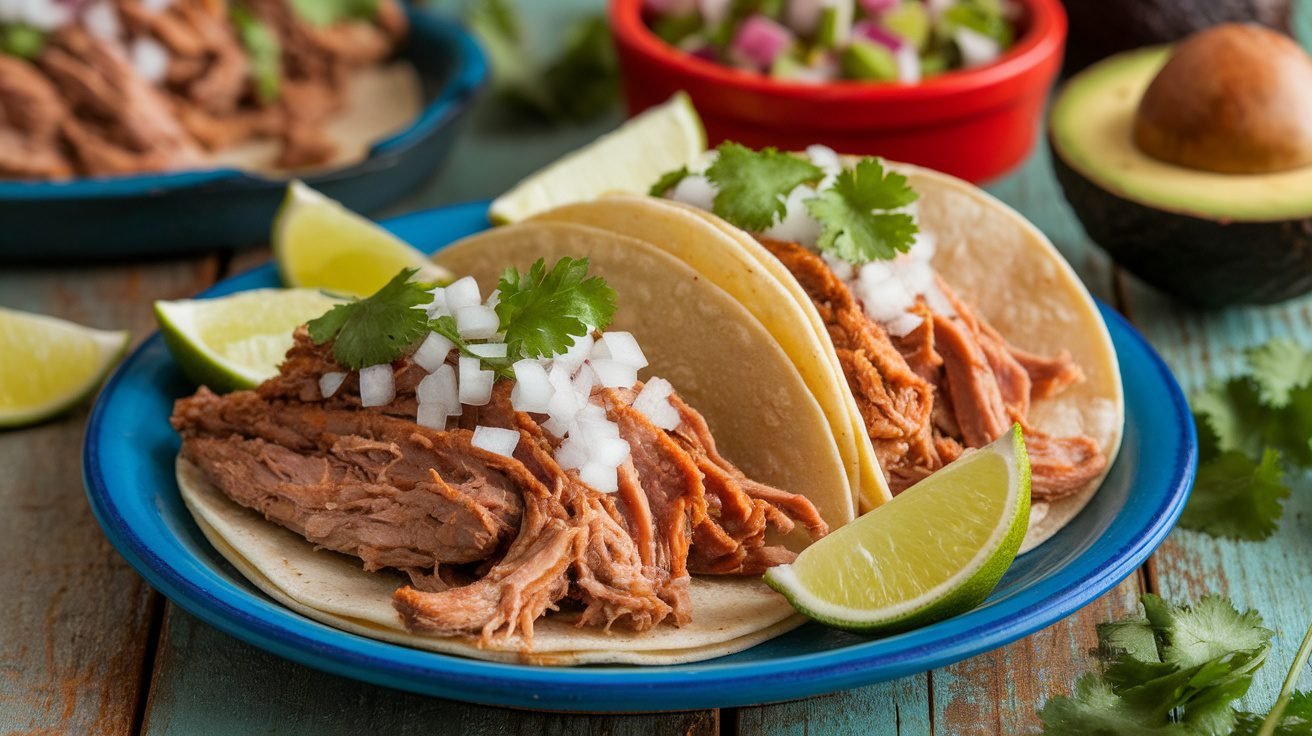 Garlic Herb Roasted Pork Tacos on a plate with cilantro, onions, and lime wedges.
