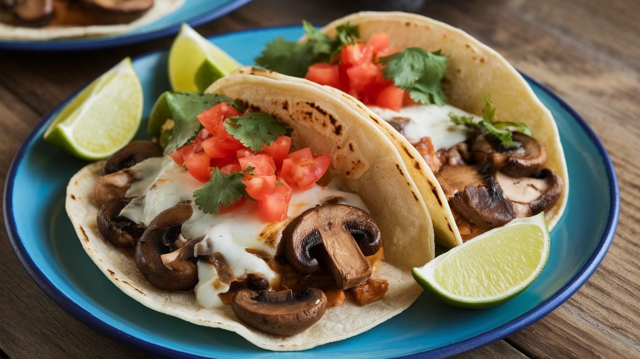 Grilled mushroom and Swiss tacos with tomatoes and cilantro on a wooden table.