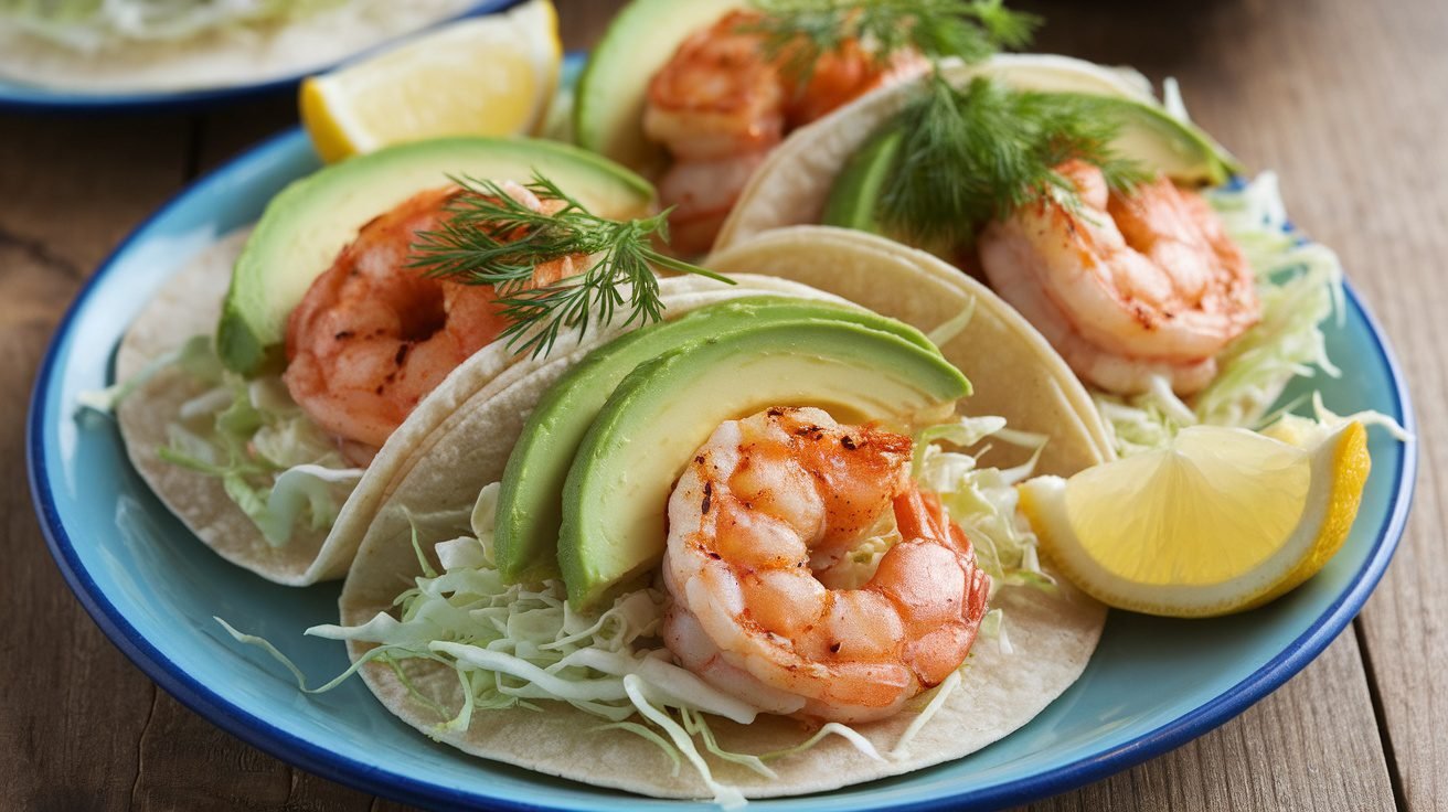 Lemon Dill Grilled Shrimp Tacos with shrimp, cabbage, and avocado on a wooden table.
