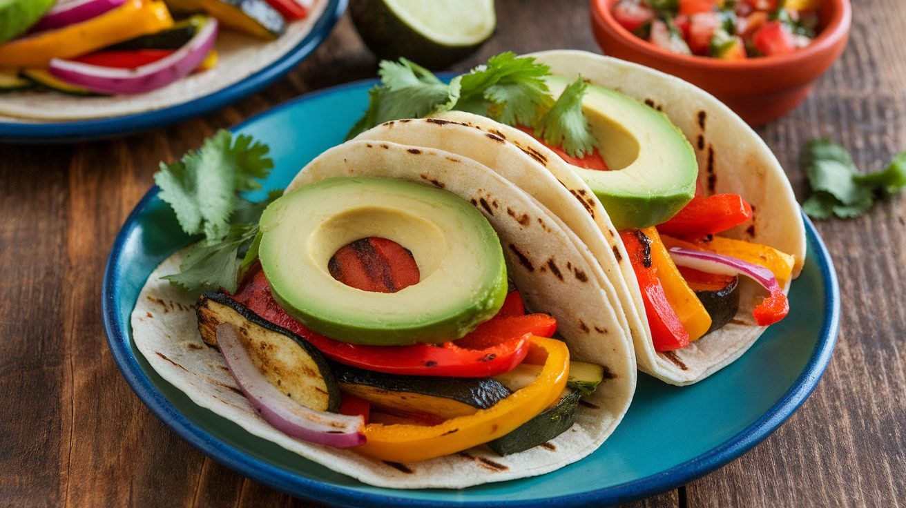 Colorful grilled veggie tacos with bell peppers, zucchini, and red onion, garnished with avocado and cilantro, served with salsa on a rustic table.