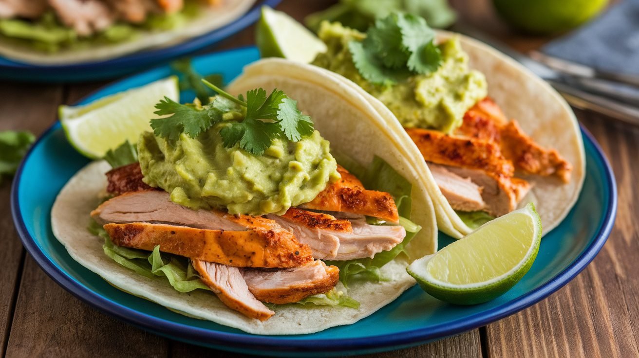 Honey mustard chicken tacos with guacamole, garnished with cilantro and lime, on a rustic wooden table.