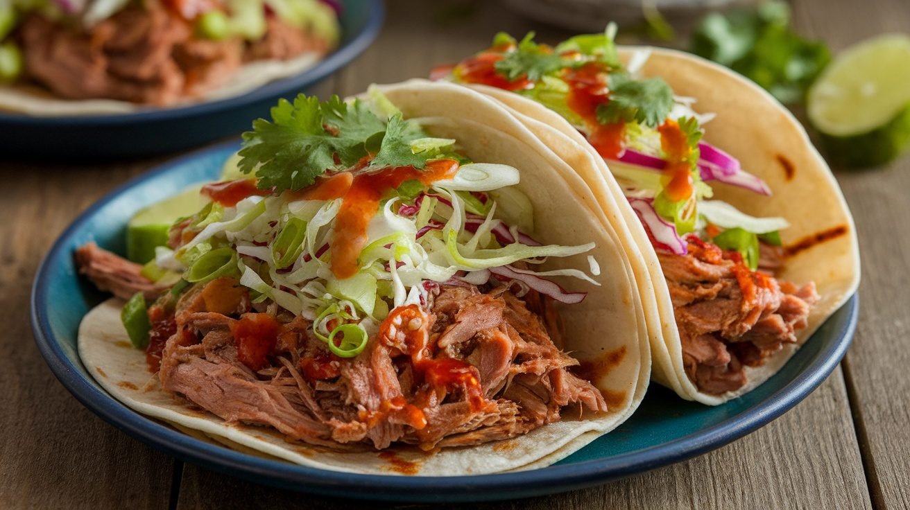 Korean BBQ pulled pork tacos with cabbage, green onions, and cilantro on a rustic table.