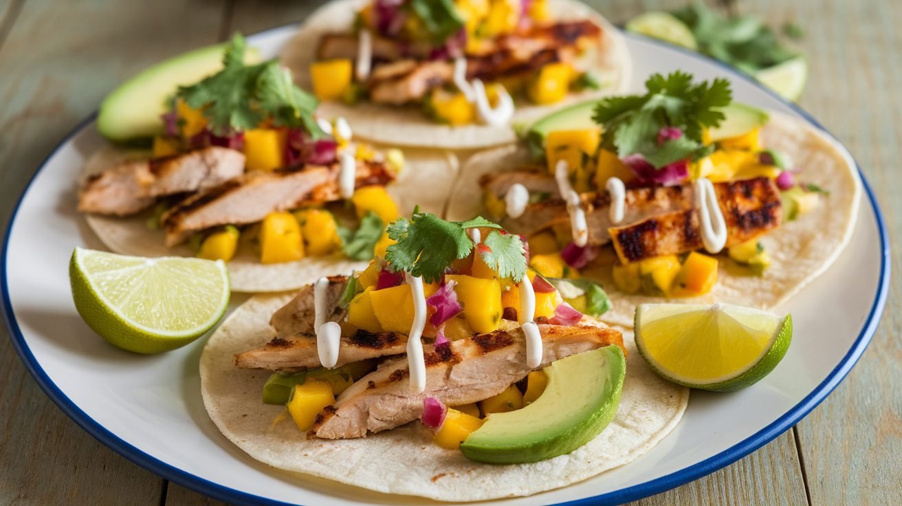 Mango Lime Chicken Tacos with grilled chicken, mango salsa, and lime crema on warm tortillas, garnished with cilantro and avocado.