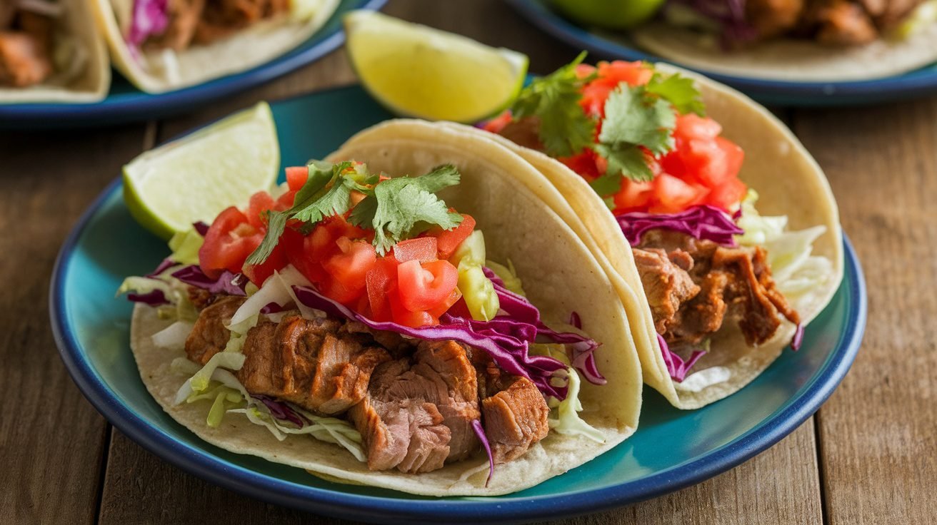 Maple Ginger Pork Tacos on a plate with cabbage, tomatoes, cilantro, and lime wedges.