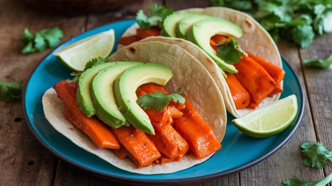Maple glazed carrot tacos with avocado and cilantro on a wooden table with lime wedges.