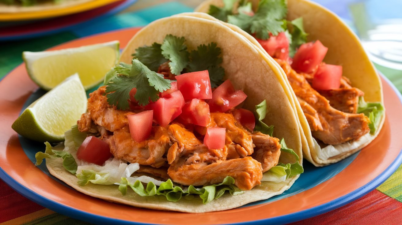 Orange glazed chicken tacos with lettuce and tomatoes, garnished with cilantro and lime wedges.