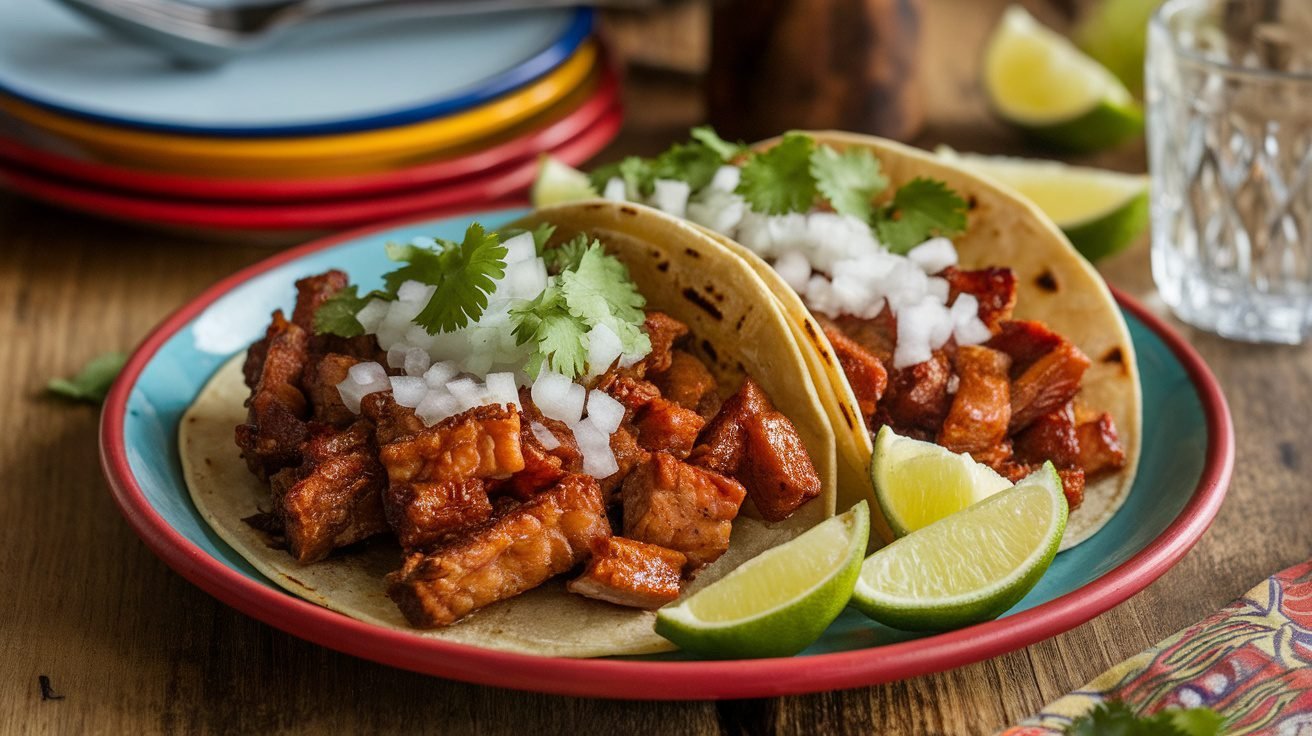 A colorful plate of pork belly tacos with onions and cilantro, served with lime wedges on a rustic table.