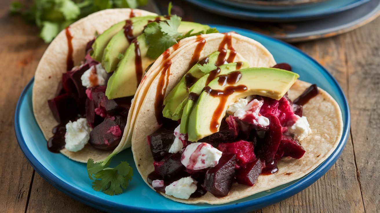 Roasted beet and goat cheese tacos with avocado and cilantro on a rustic table.