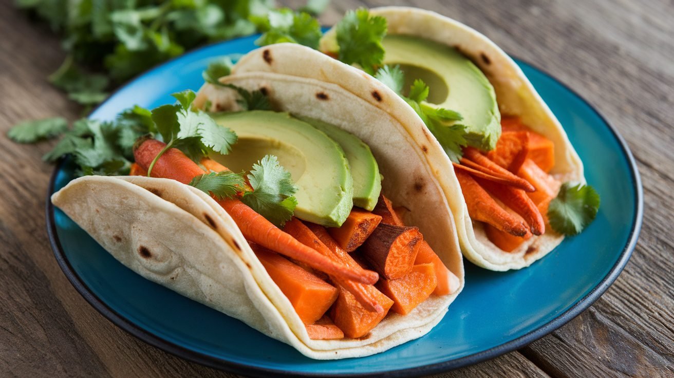 Roasted carrot and sweet potato tacos garnished with cilantro and avocado on a rustic wooden table.